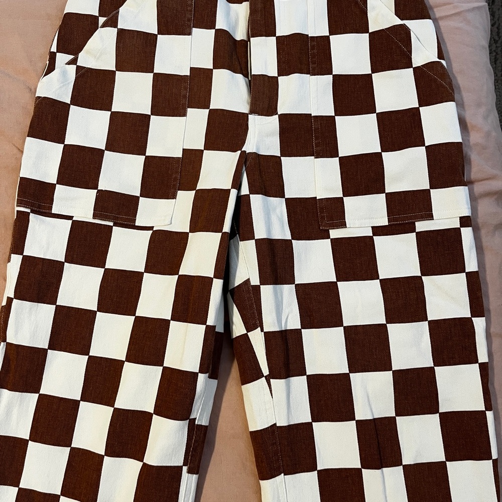 Brown and White Checkered Straight Leg Pants